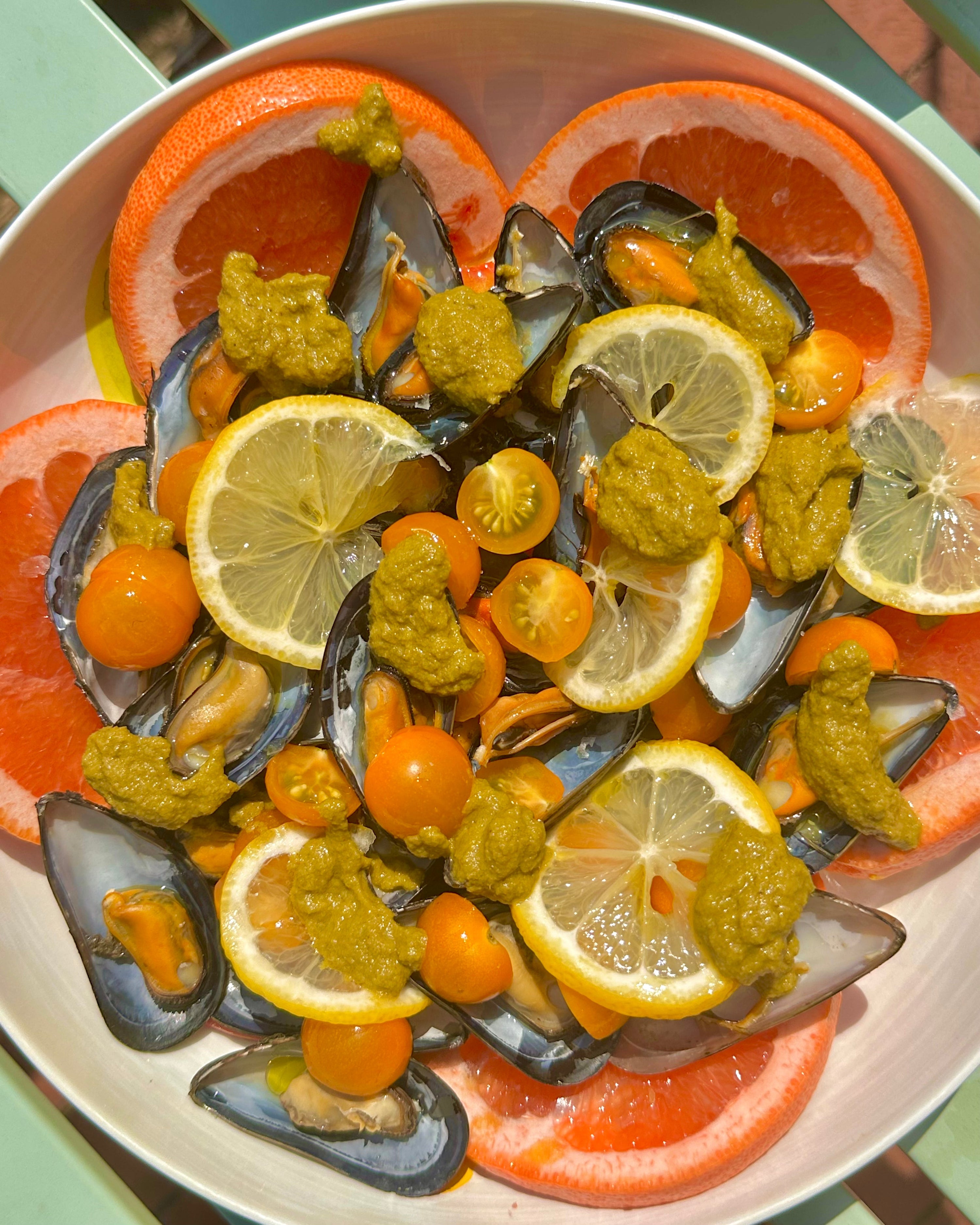 Mussels with Spicy Chutney, Heirloom Tomato Salad & Citrus