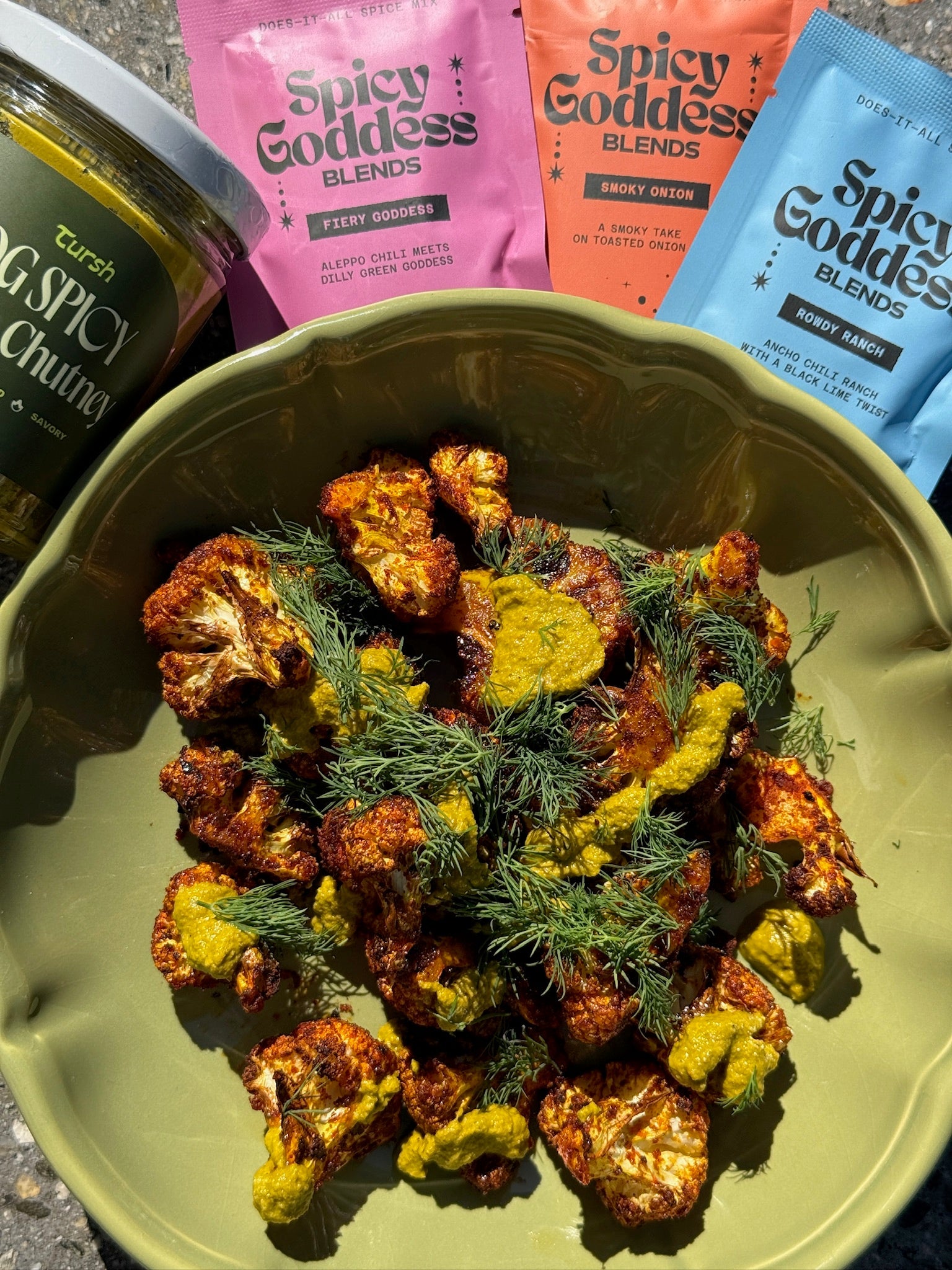 Crispy Cauliflower Bites with Spicy Goddess + Chutney Drizzle