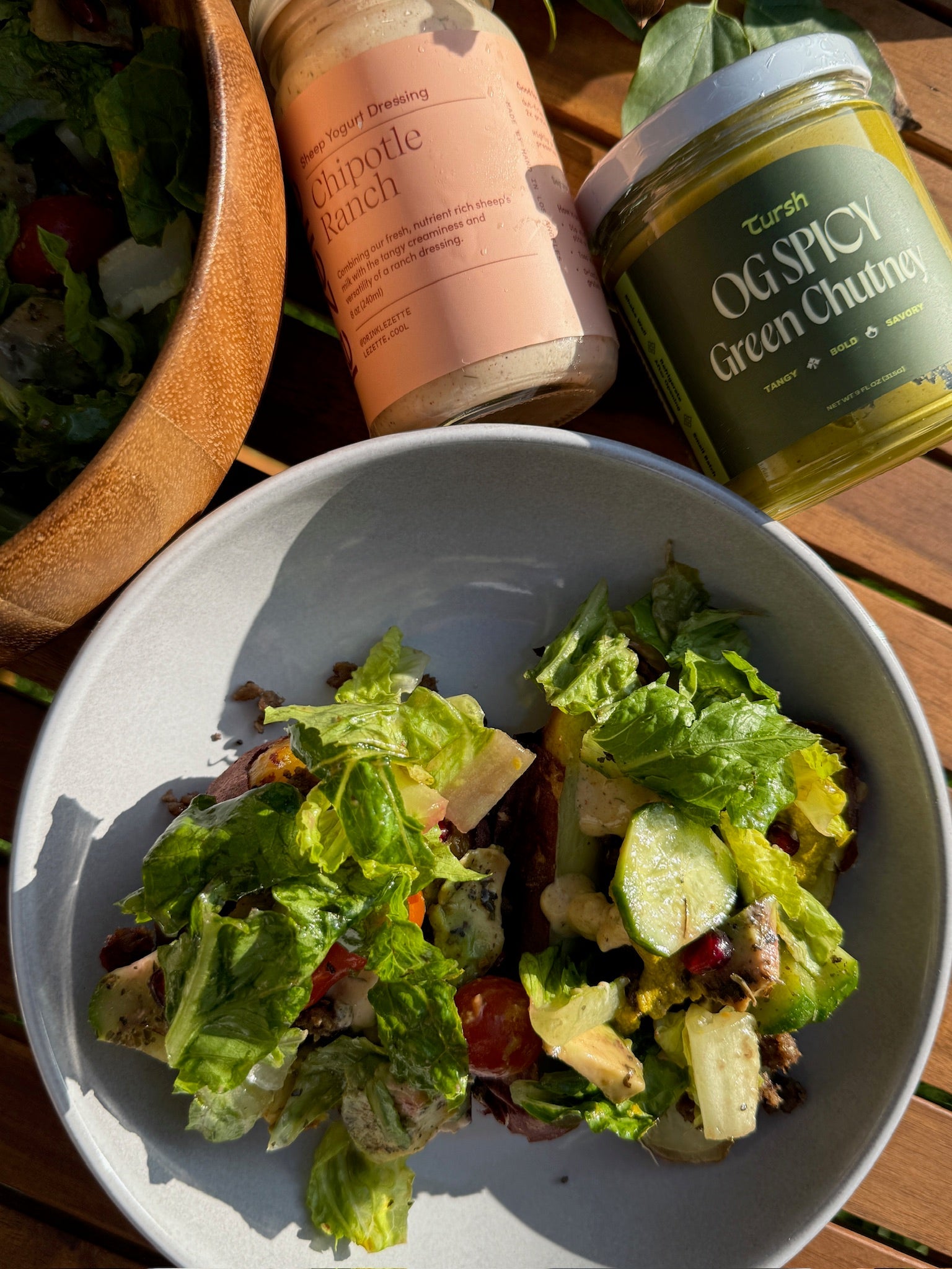 Japanese Sweet Potato with Ground Beef, Chipotle Ranch Yogurt & Spicy Green Chutney