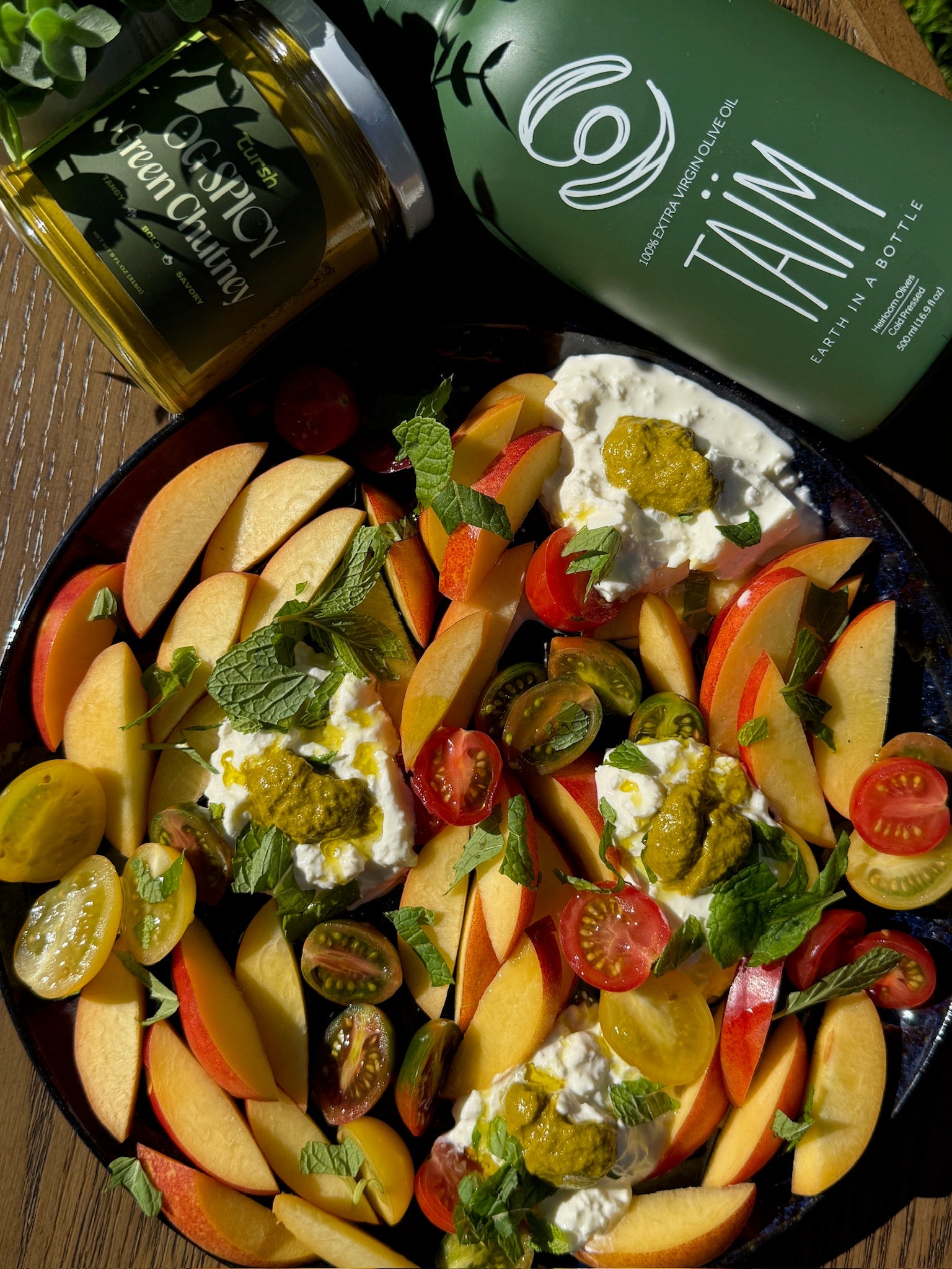 Peach, Tomato & Burrata Salad with Spicy Green Chutney